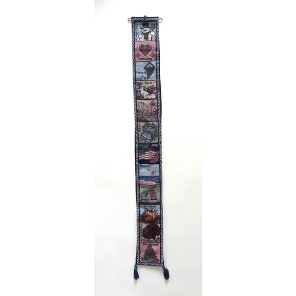 Vintage Tapestry Wallhanging Monthly Seasons Calendar 36"x4" Tassels Rod Pocket - Picture 2 of 8